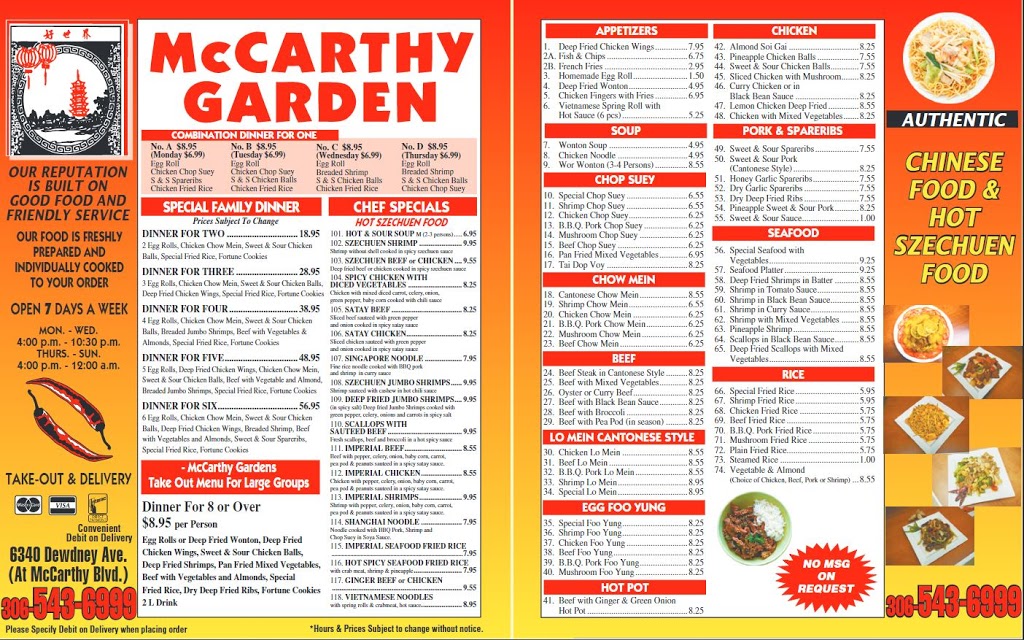 McCarthy Garden Chinese Food | 6340 Dewdney Ave, Regina, SK S4T 1E3, Canada | Phone: (306) 543-6999