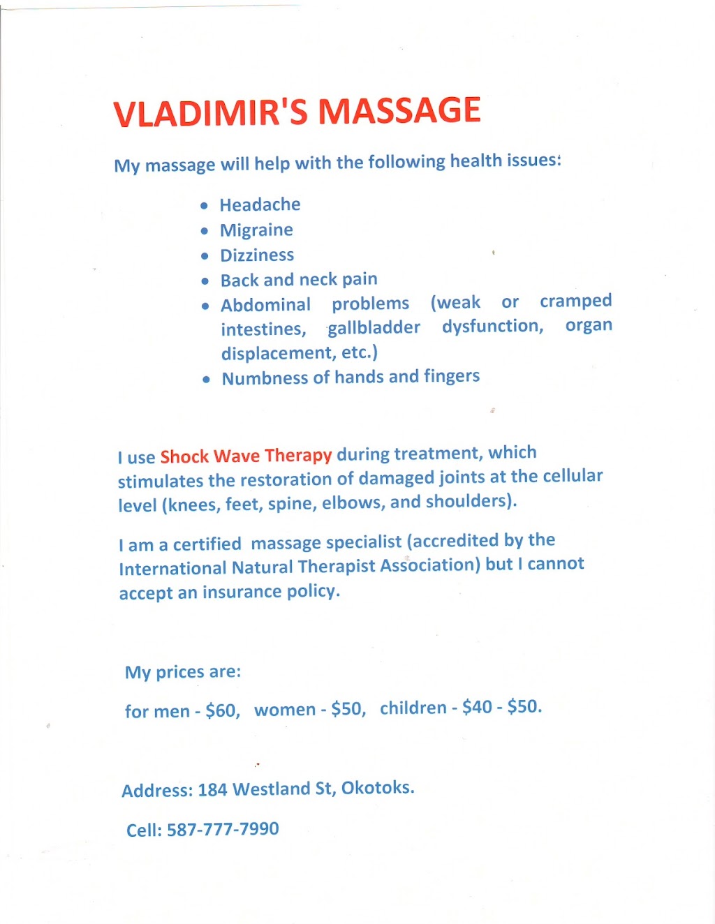 VLADIMIRS MASSAGE | 184 Westland St, Okotoks, AB T1S 0B4, Canada | Phone: (587) 777-7990