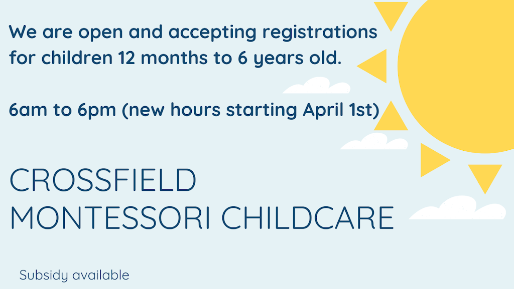 Crossfield Montessori Childcare Ltd. | 901 Mountain Ave, Crossfield, AB T0M 0S0, Canada | Phone: (403) 946-0222