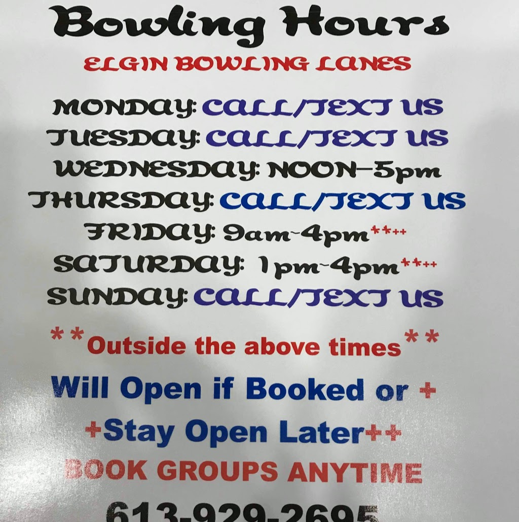 Elgin Bowling Lanes | 15 Church St, Elgin, ON K0G 1E0, Canada | Phone: (613) 929-2695