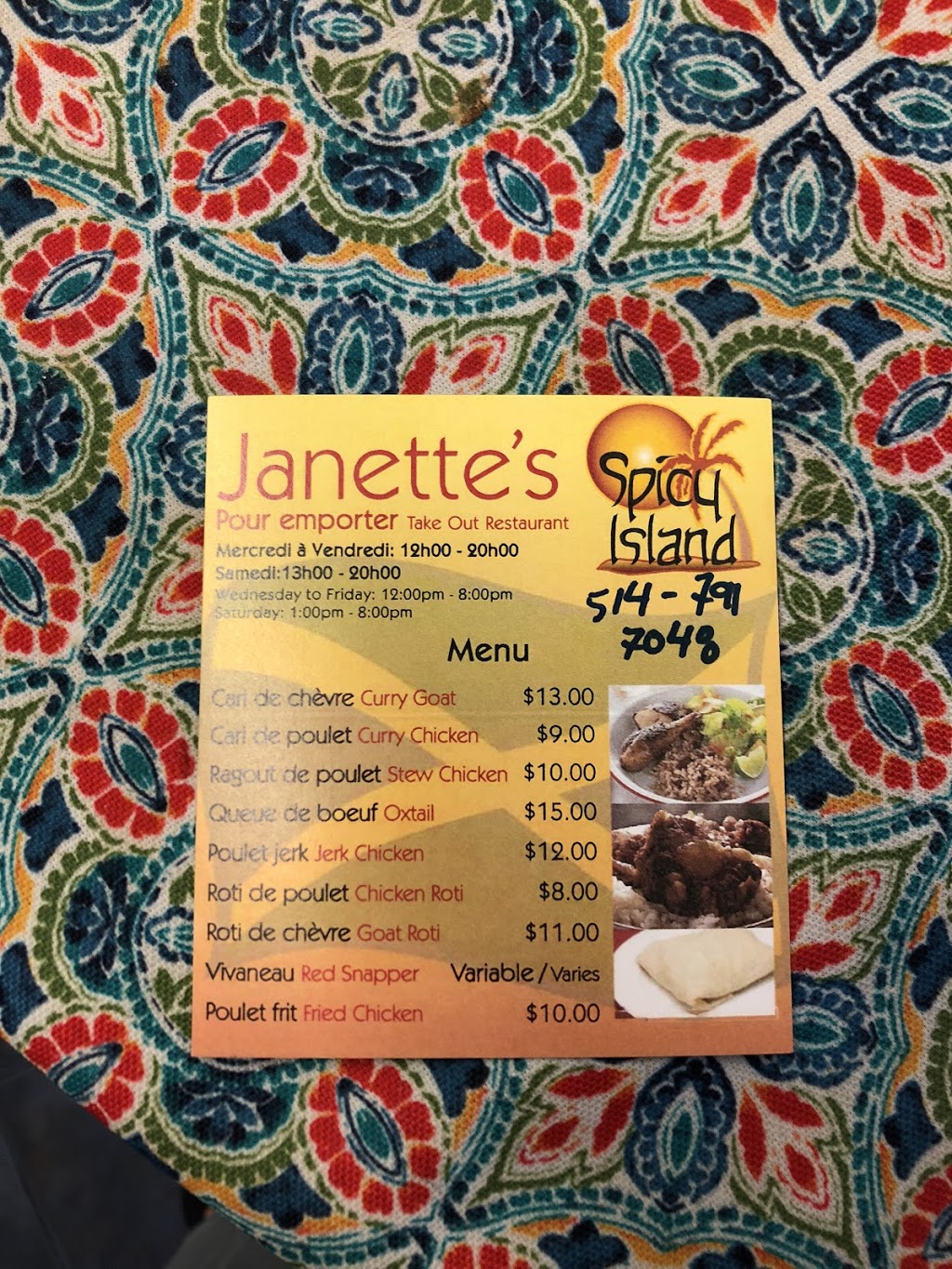 Janettes Spicy Island | 5B 3e Av S, Roxboro, QC H8Y 2L3, Canada | Phone: (514) 685-7048