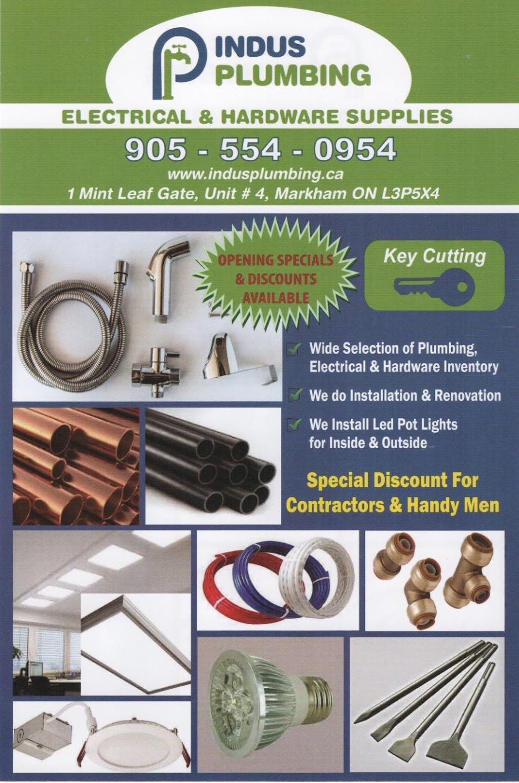 Indus Plumbing, Electrical & Hardware Supplies | 1 Mintleaf Gate Unit #4, Markham, ON L3P 5X4, Canada | Phone: (905) 554-0954