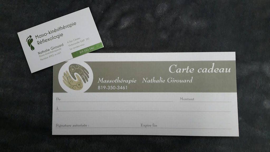 Masso-kinésithérapie, réflexologie Nathalie Girouard | 4 Des, Rue des Cèdres, Victoriaville, QC G6P 2H2, Canada | Phone: (819) 350-3461