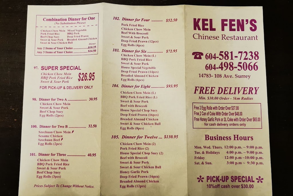 Kel-Fens Kitchen Chinese Restaurant | 14783 108 Ave, Surrey, BC V3R 1V9, Canada | Phone: (604) 498-5066