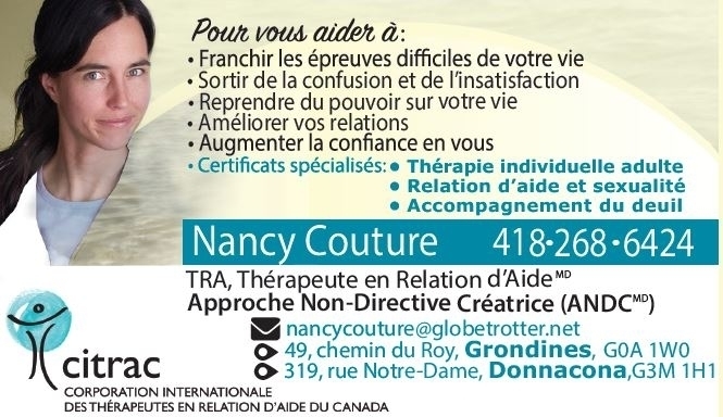 Nancy Couture - Thérapeute en Relation dAide | 795 Chem. du Faubourg, Grondines, QC G0A 1W0, Canada | Phone: (418) 268-6424