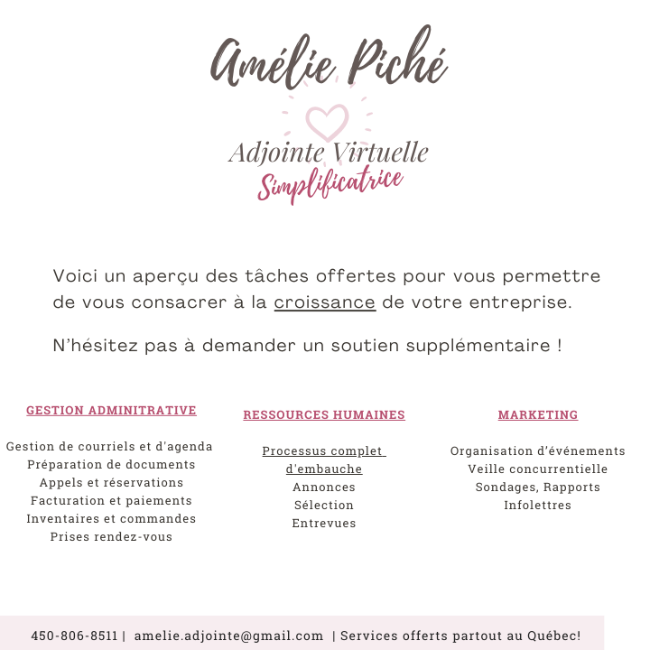 Amélie Piché, Adjointe Virtuelle, Simplificatrice | Rue Brault, Mirabel, QC J7J 1S2, Canada | Phone: (450) 806-8511