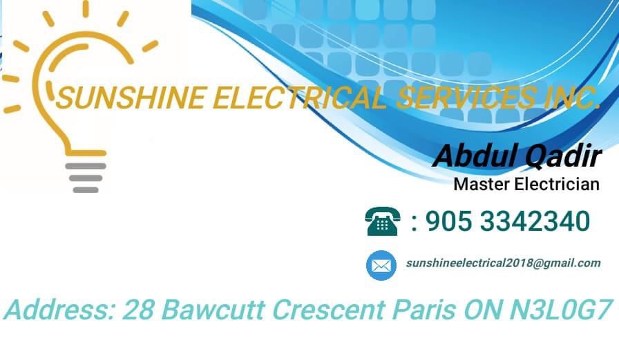 Sunshine electrical services inc | 28 Bawcutt Cres, Brant, ON N3L 0G7, Canada | Phone: (905) 334-2340