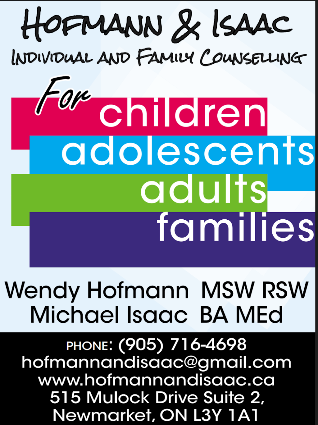 Hofmann & Isaac Individual and Family Counselling | 15260 Yonge St Suite 202, Aurora, ON L4H 1N4, Canada | Phone: (905) 716-4698