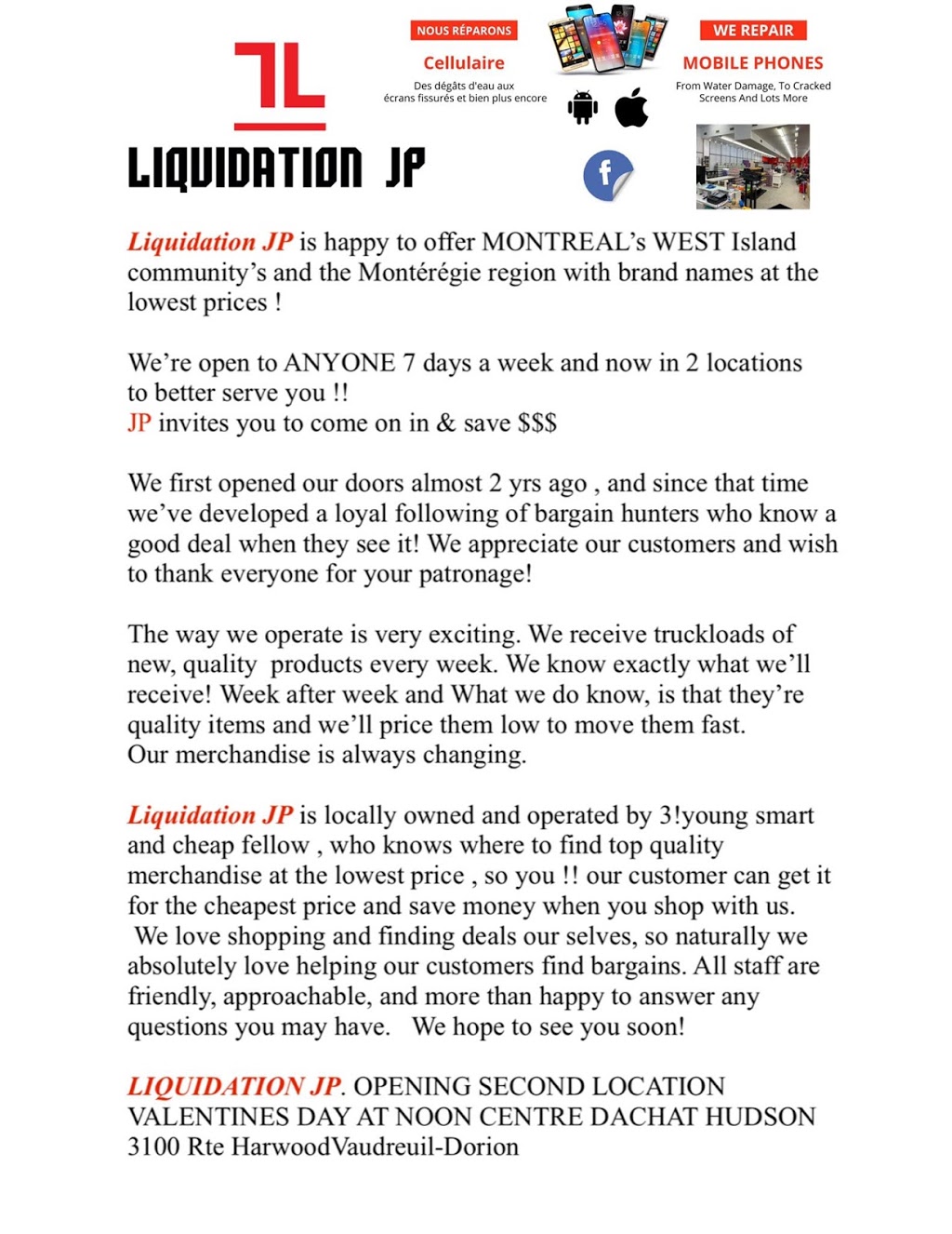 Liquidation JP - Hudson | 3100 Route Harwood, Vaudreuil-Dorion, QC J7V 8P2, Canada | Phone: (833) 969-2897