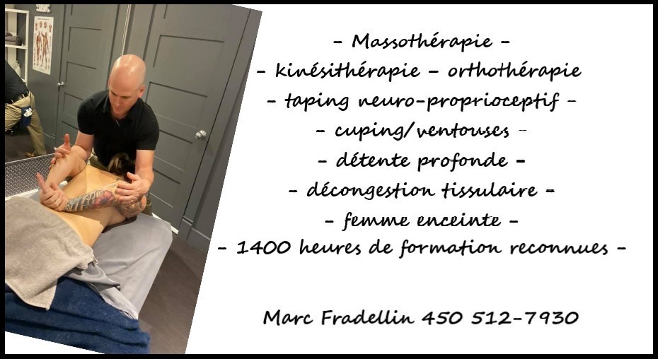 Massothérapie thérapeutique MF - Marc Fradellin | 183 Rue Sylvain, Saint-Colomban, QC J5K 1W3, Canada | Phone: (450) 512-7930