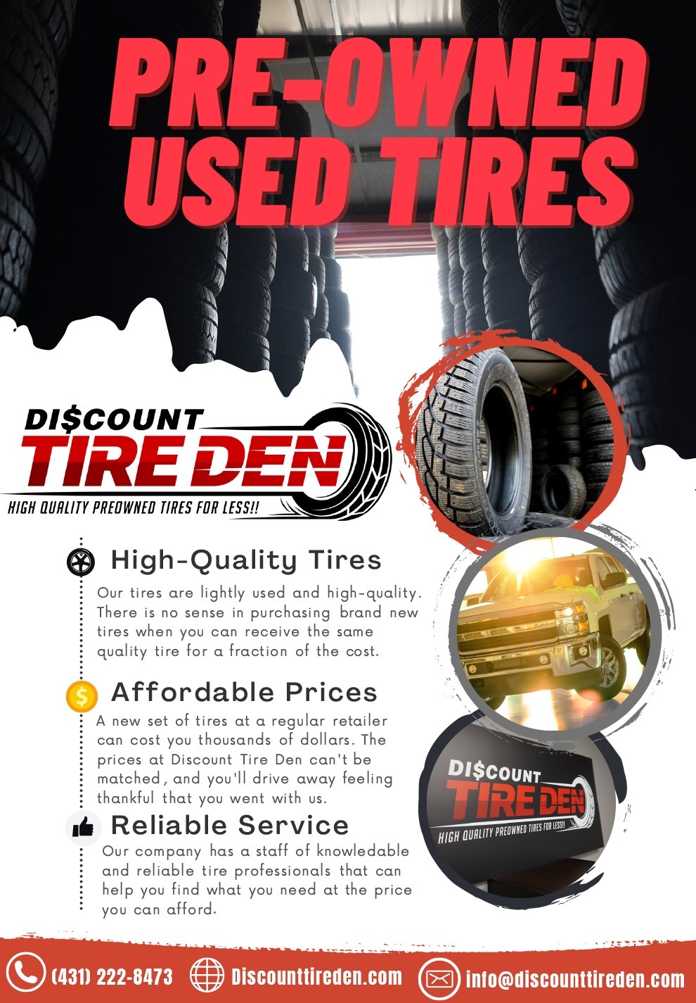 Discount Tire Den | 21 Blumberg Trail, Headingley, MB R4H 0B1, Canada | Phone: (431) 222-8473