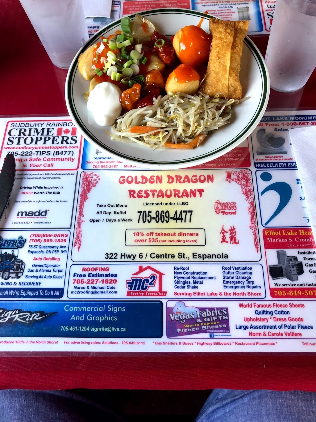 Golden Dragon Chinese Restaurant & Take-Out | 322 Centre St, Espanola, ON P5E 1G3, Canada | Phone: (705) 869-4477