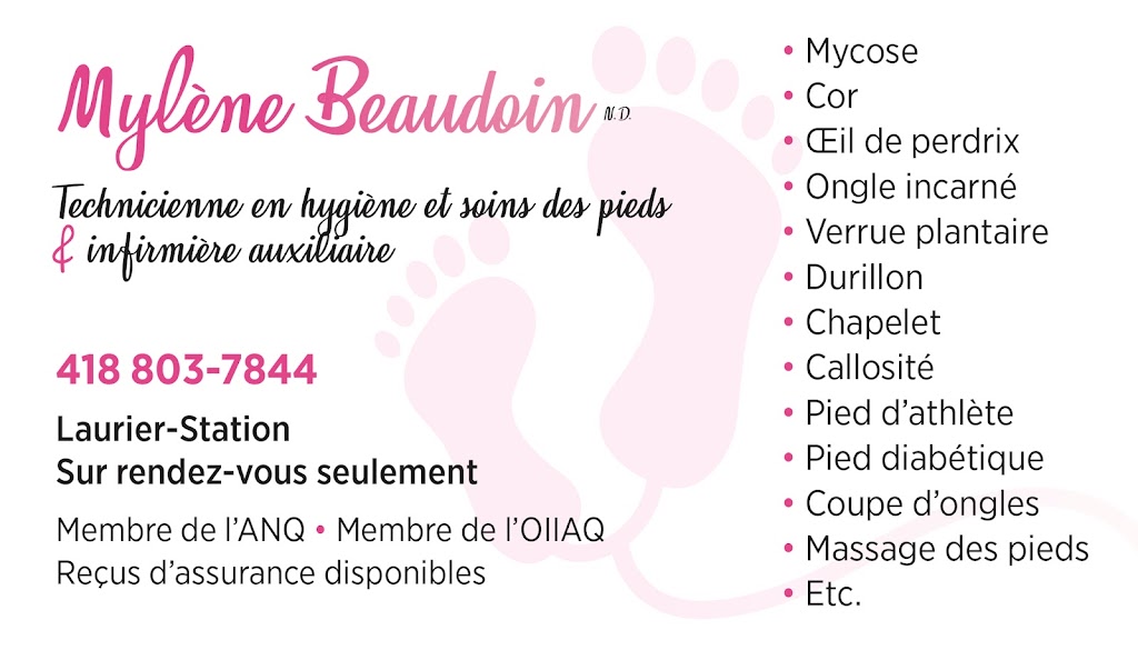 Mylène Beaudoin, soins des pieds | 375 Boul Saint Joseph, Laurier-Station, QC G0S 1N0, Canada | Phone: (418) 803-7844