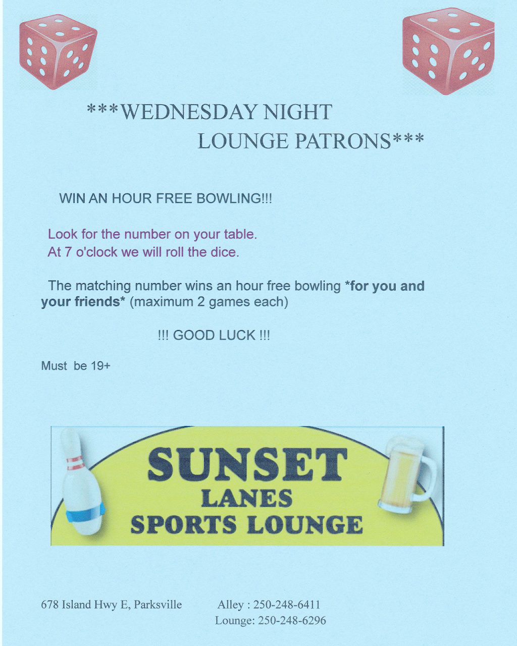 Sunset Lanes | 678 Island Hwy E, Parksville, BC V9P 1T8, Canada | Phone: (250) 248-6411