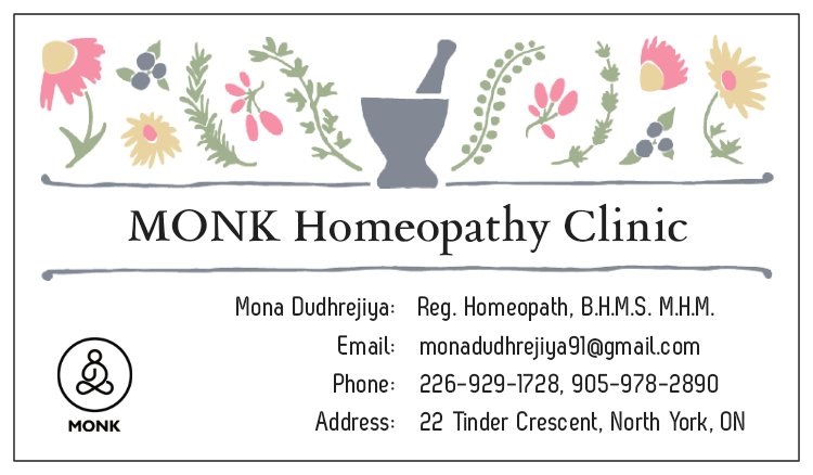 MONK Homeopathy Clinic - Mona Dudhrejiya | 22 Tinder Crescent, North York, ON M4A 1L6, Canada | Phone: (226) 929-1728