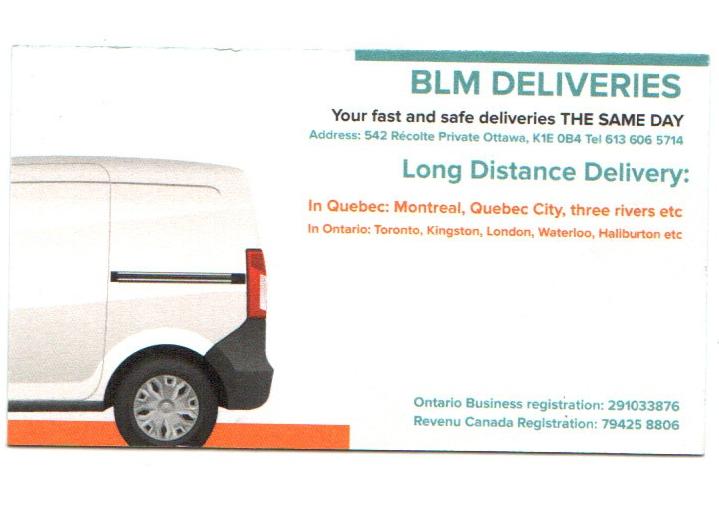 BLM Deliveries | 542 Recolte Private, Ottawa, ON K1E 0B4, Canada | Phone: (613) 606-5714