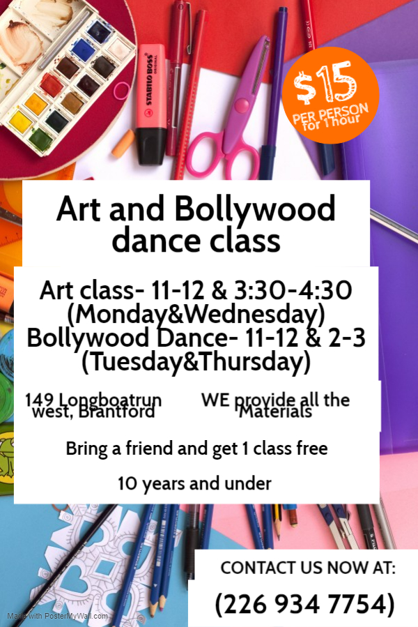 Art and Bollywood dance class | 149 Longboat Run W, Brantford, ON N3T 0R9, Canada | Phone: (226) 934-7754