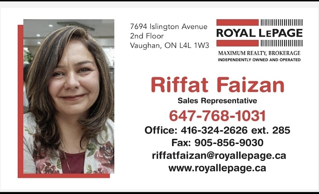 RIFFAT FAIZAN Realtor | 7694 Islington Ave 2nd Floor, Woodbridge, ON L4L 1W3, Canada | Phone: (647) 768-1031