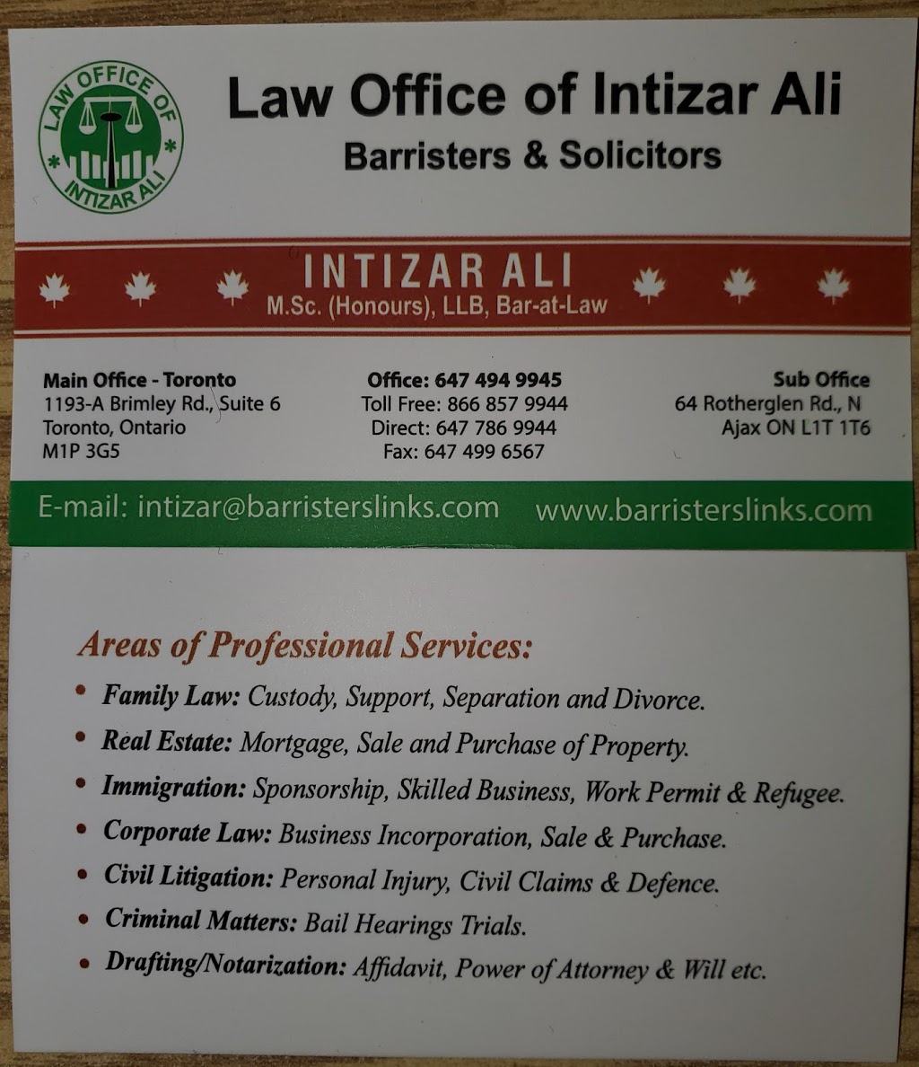 Law Office of Intizar Ali: Barristers and Solicitors | 1193-A Brimley Rd, Scarborough, ON M1P 3G5, Canada | Phone: (647) 494-9945