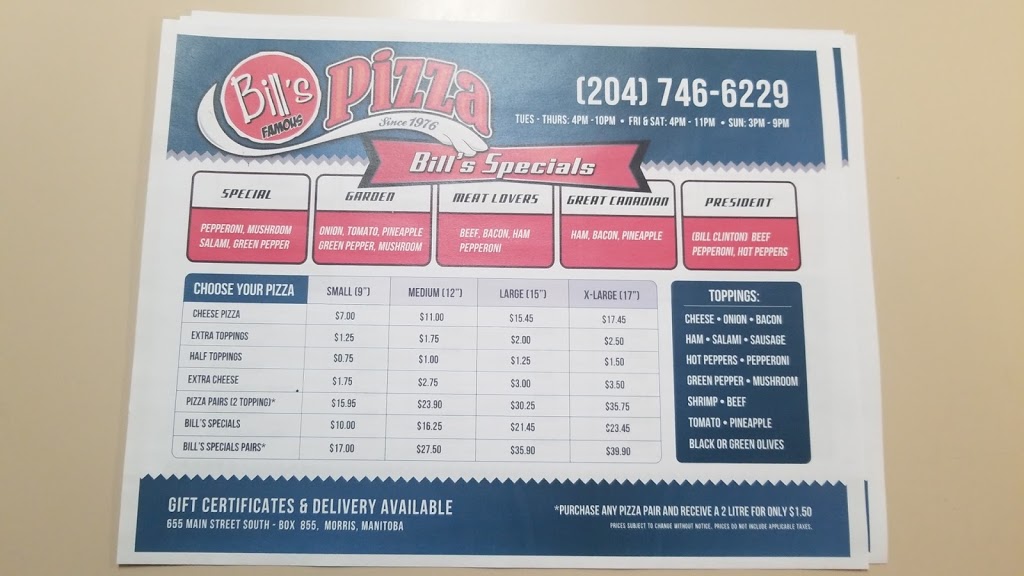 Bills Pizza | Lord Selkirk Hwy, Morris, MB R0G 1K0, Canada | Phone: (204) 746-6229