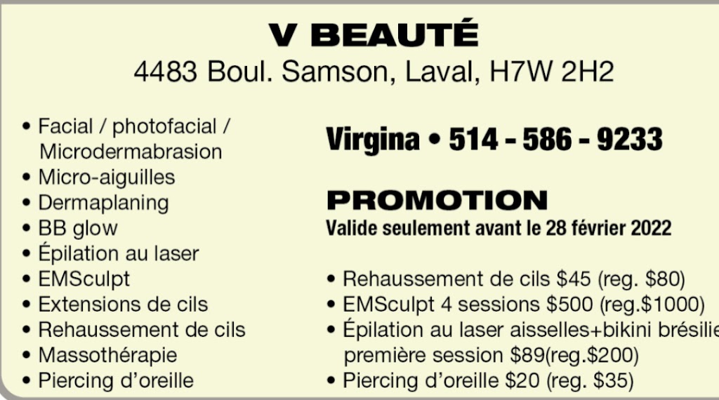 V Beauté | 4483 Blvd. Samson, Laval, QC H7W 2H2, Canada | Phone: (514) 586-9233