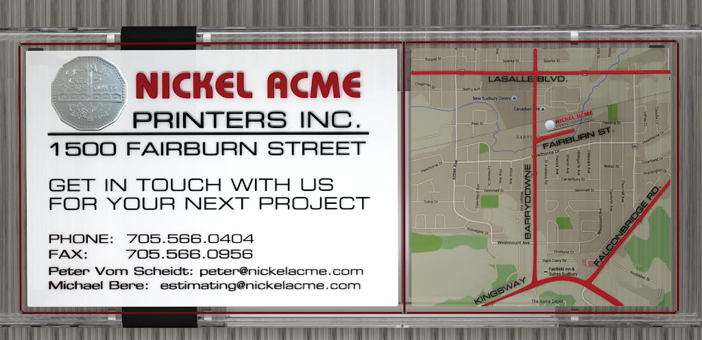 Nickel Acme Printers Inc. | 1500 Fairburn St, Sudbury, ON P3A 1N7, Canada | Phone: (705) 566-0404