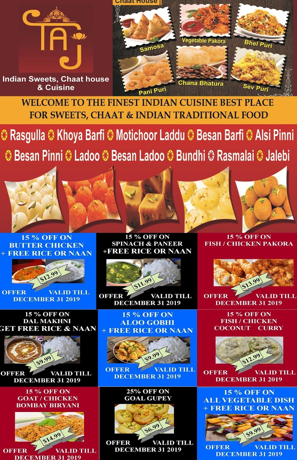 Taj Indian Cuisine & Sweets | 27133 Fraser Hwy Unit #3085, Aldergrove, BC V4W 3R2, Canada | Phone: (604) 206-8484