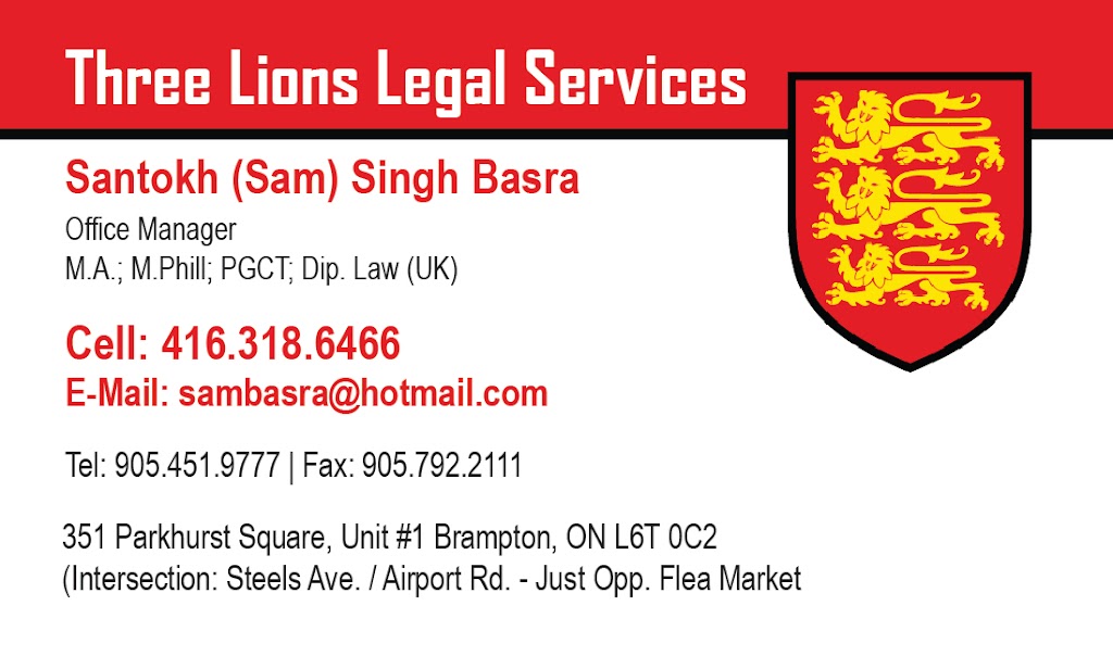 Three Lions Legal Services | 351 parkhurst square Unit #1, Second Floor, Brampton, ON L6T 0C2, Canada | Phone: (905) 451-9777