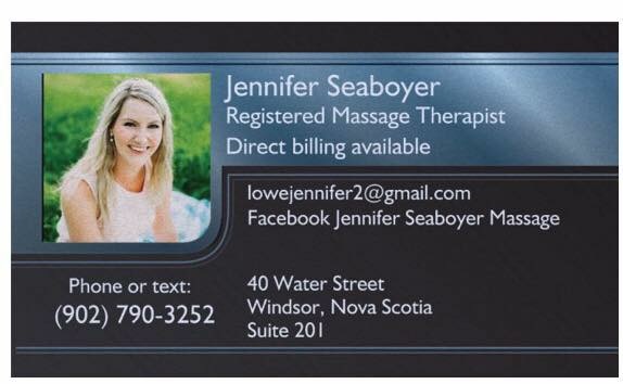 Jennifer Seaboyer Massage Therapy | 40 Water St suite 201, Windsor, NS B0N 2T0, Canada | Phone: (902) 790-3252