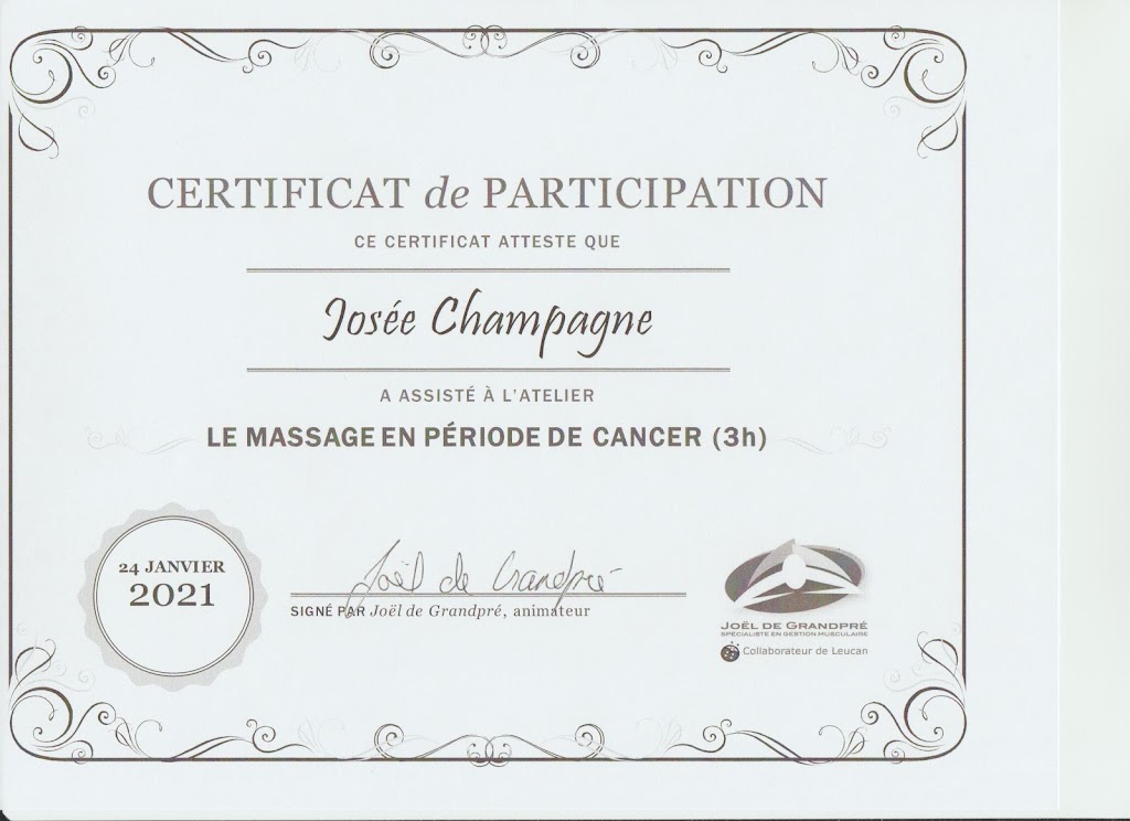 Massothérapie Josée Champagne | 876, Prudhomme Rue, Saint-Eustache, QC J7R 6L5, Canada | Phone: (514) 237-8514