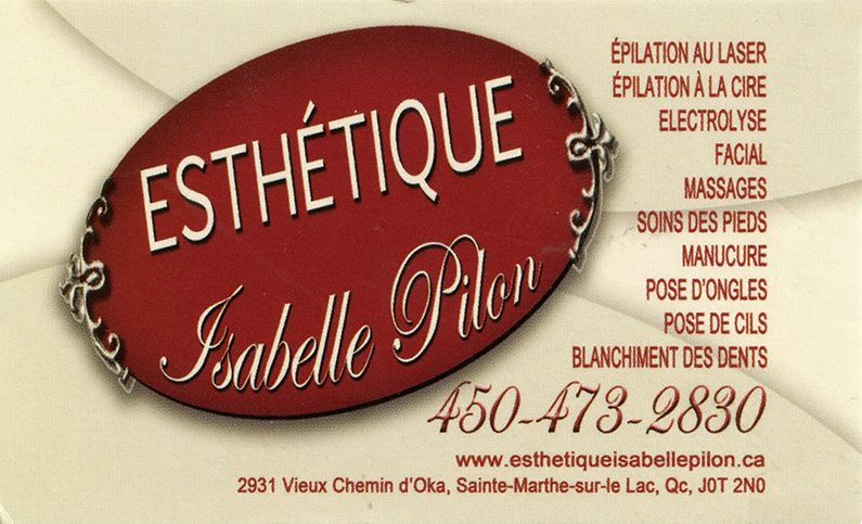 Esthétique Isabelle Pilon | 2931 Chem. dOka, Sainte-Marthe-sur-le-Lac, QC J0N 1P0, Canada | Phone: (450) 473-2830