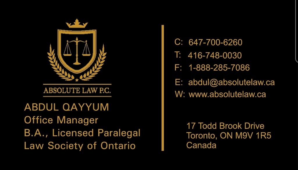 Absolute Law Professional Corporation | 17 Todd Brook Dr, Etobicoke, ON M9V 1R5, Canada | Phone: (416) 748-0030