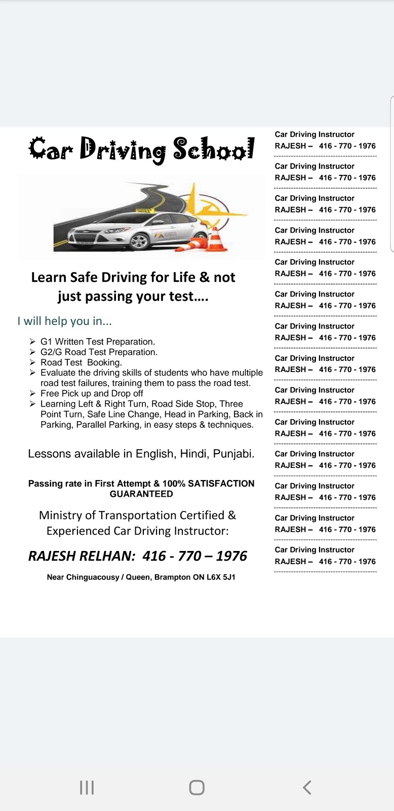 Car Driving Instructor in BRAMPTON & MISSISSAUGA- Rajesh Relhan | 44 Durango Dr, Brampton, ON L6X 5H3, Canada | Phone: (416) 770-1976