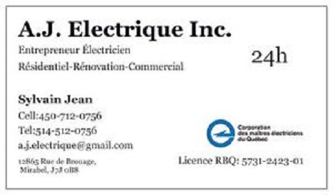 Électricien A.J. Électrique Inc. | 12865 Rue de Brouage, Mirabel, QC J7J 0B8, Canada | Phone: (450) 712-0756