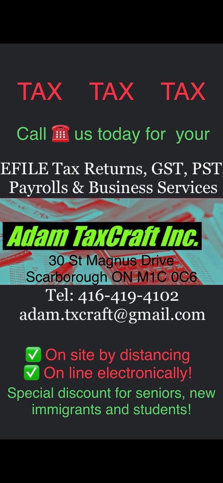 Adam TaxCraft Inc. | 30 St Magnus Dr, Scarborough, ON M1C 0C6, Canada | Phone: (416) 419-4102