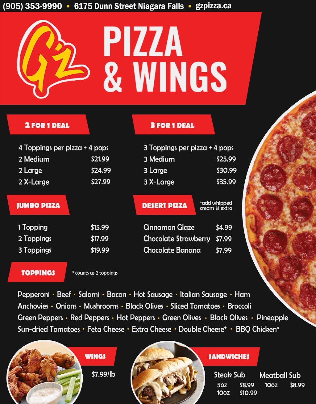 Gz Pizza & Wings | 6175 Dunn St, Niagara Falls, ON L2G 2P4, Canada | Phone: (905) 353-9990