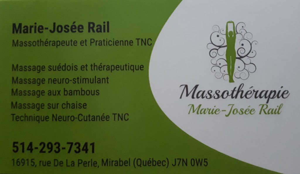 Massothérapie Marie-Josée Rail | 16915 Rue de la Perle, Mirabel, QC J7N 0W5, Canada | Phone: (514) 293-7341