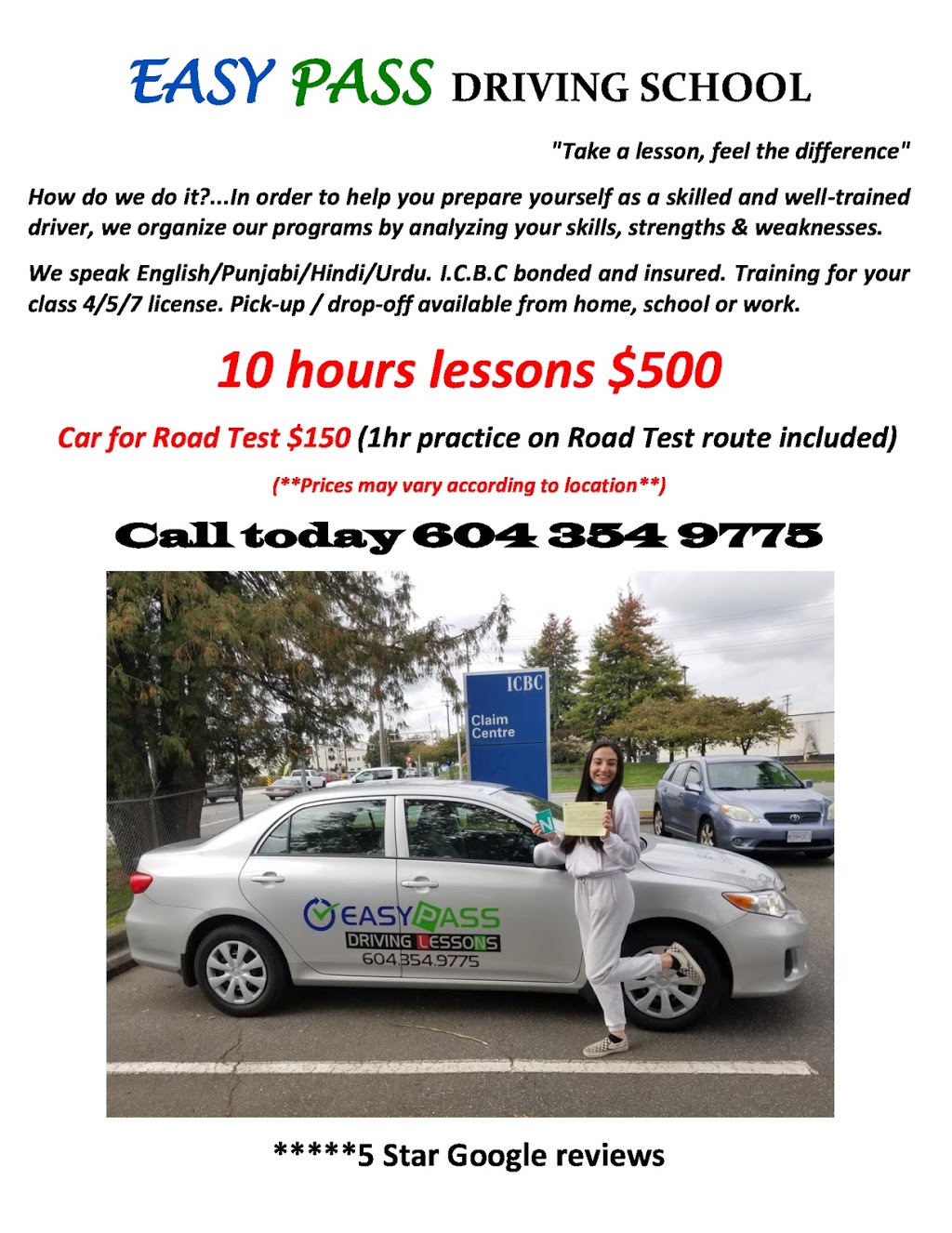 EASY PASS Driving School (10Hrs Lessons $500) | 16808 83a Ave, Surrey, BC V4N 4T8, Canada | Phone: (604) 354-9775