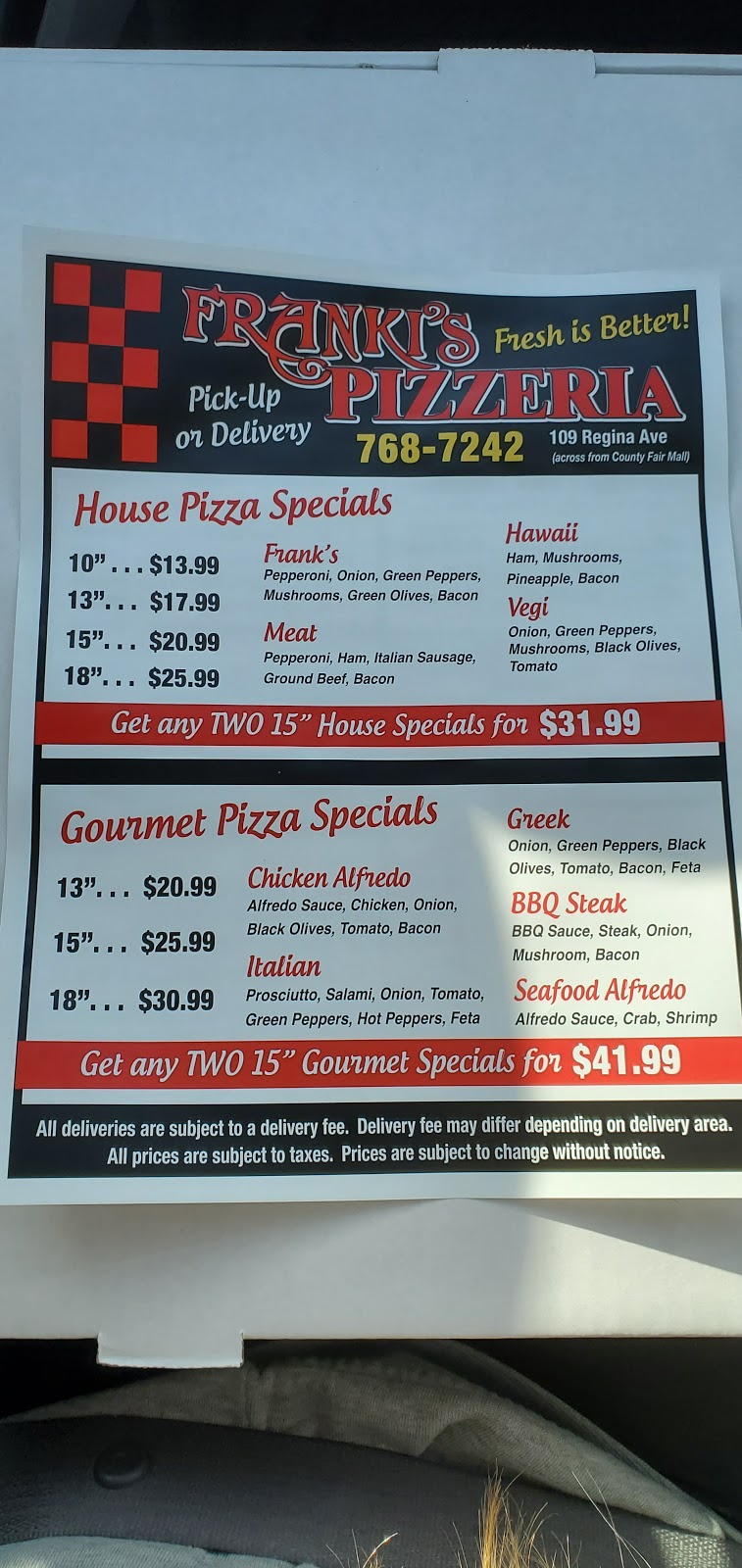 Frankis Pizzeria | 109 Regina Ave, Thunder Bay, ON P7B 5B4, Canada | Phone: (807) 768-7242