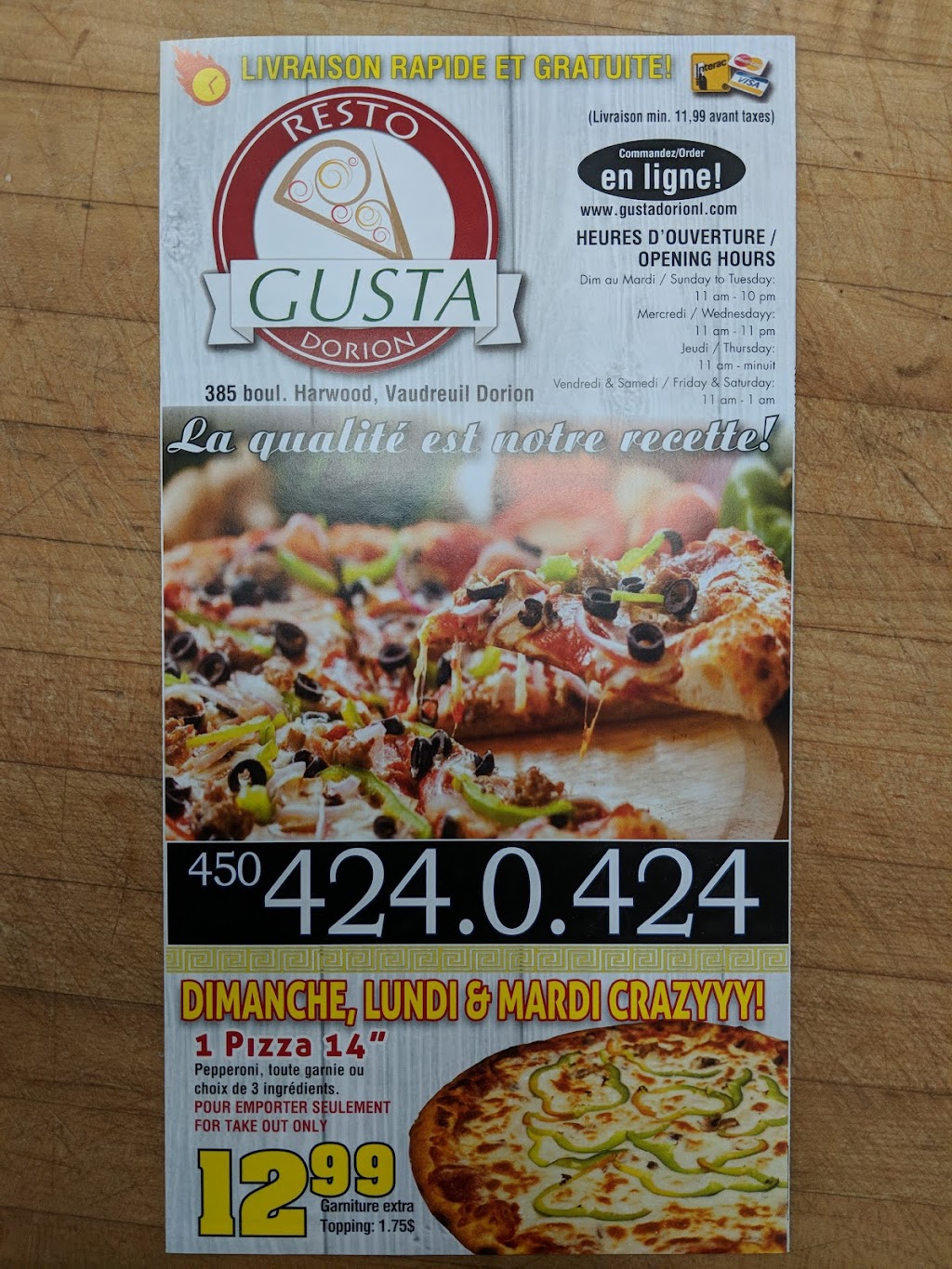 Pizza Gusta Dorion | 385 Bd Harwood, Vaudreuil-Dorion, QC J7V 7W1, Canada | Phone: (450) 424-0424