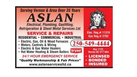 Aslan Electrical, Plumbing, Gasfitting & Refrigeration Services  | 2210 11th Ave, Vernon, BC V1T 7X8, Canada | Phone: (250) 549-4444