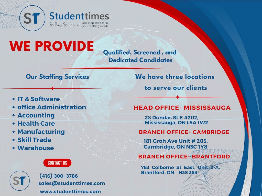 Studenttimes Staffing Solutions Brantford | 783 Colborne St E unit 2 A, Brantford, ON N3S 3S3, Canada | Phone: (226) 606-7548