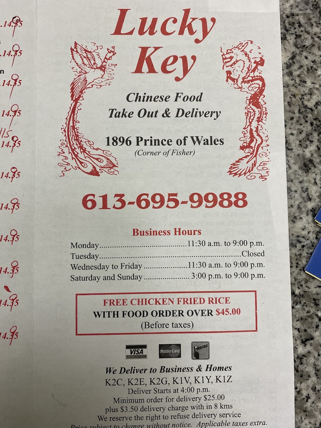 Lucky Key Chinese Restaurant | 1896 Prince of Wales Dr, Nepean, ON K2C 3J7, Canada | Phone: (613) 695-9988