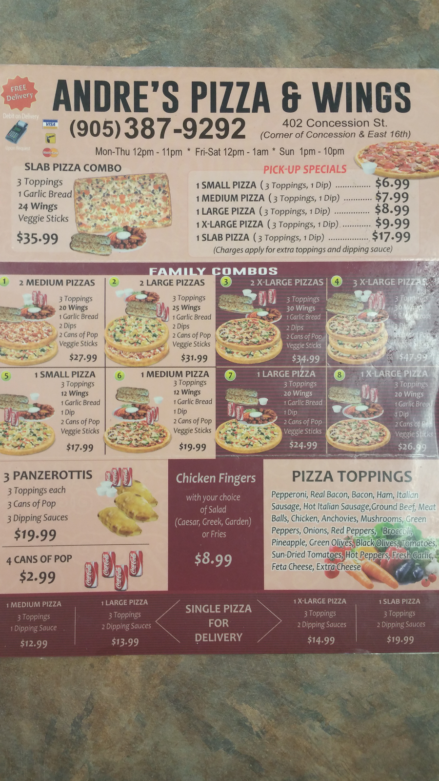 Andres Pizza & Wings | 402 Concession St, Hamilton, ON L9A 1B7, Canada | Phone: (905) 387-9292