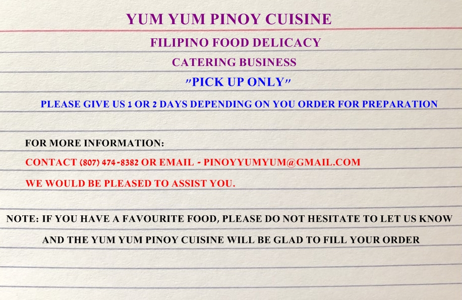 Yum Yum Pinoy Cuisine | 2247 Sills St, Thunder Bay, ON P7E 5T4, Canada | Phone: (807) 474-8382