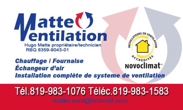 Matte Ventilation Inc | 20 Rue Landriault, Ripon, QC J0V 1V0, Canada | Phone: (819) 983-1076