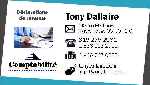 Impôt Tony Dallaire | 143 Rue Martineau, Rivière-Rouge, QC J0T 1T0, Canada | Phone: (819) 275-2931