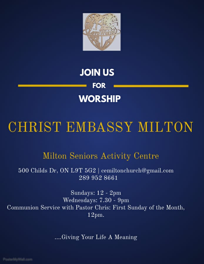 Christ Embassy Milton | 500 Childs Dr, Milton, ON L9T 5G2, Canada | Phone: (289) 242-1149