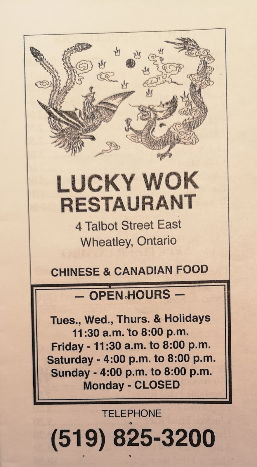 Lucky Wok Restaurant | 4 Talbot Rd E, Wheatley, ON N0P 2P0, Canada | Phone: (519) 825-3200