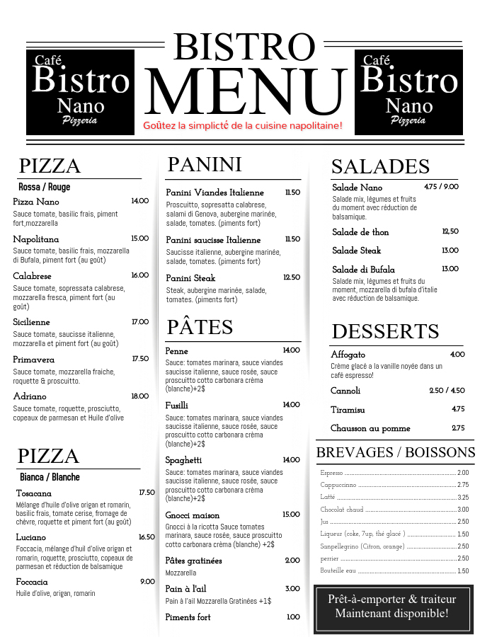 Bistro Nano Traiteur inc. | 20 Rue Richard, Repentigny, QC J5Y 1J1, Canada | Phone: (450) 657-8860